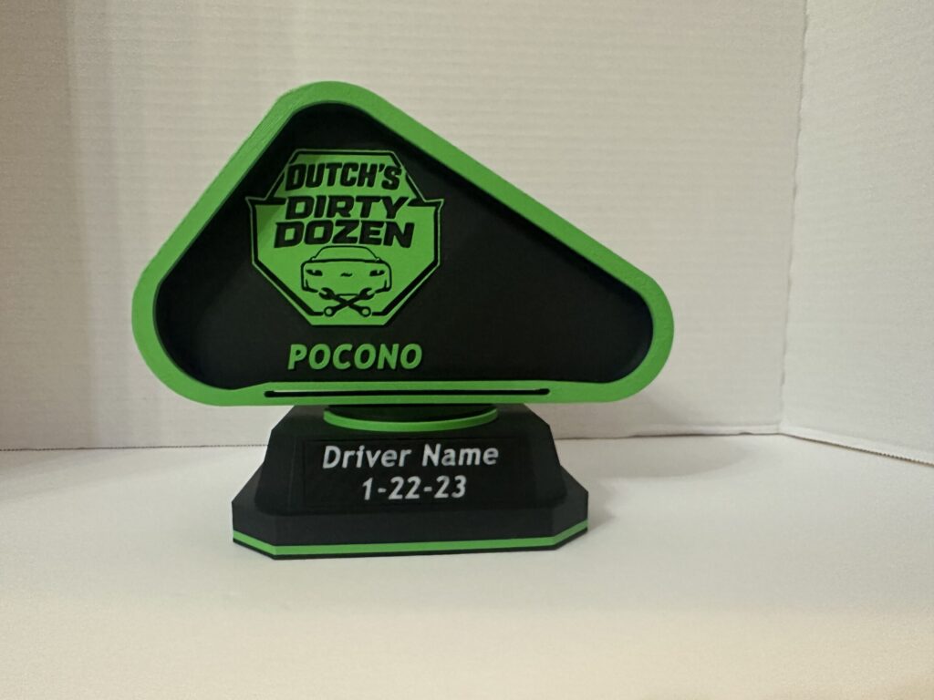 Track outline trophy with Dutch's Dirty Dozen league logo